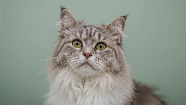 A fluffy long-haired cat with green eyes and a striped fur pattern.