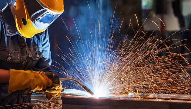 welder in action sparks flying in industrial workshop during daytime