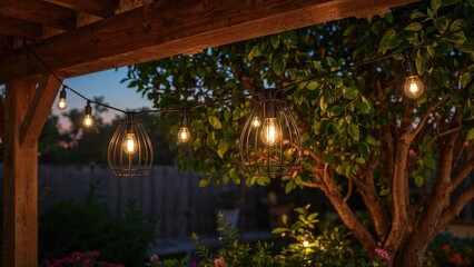 Obraz premium String lights hanging under a wooden structure with green trees and plants in the background, creating a cozy outdoor ambiance.