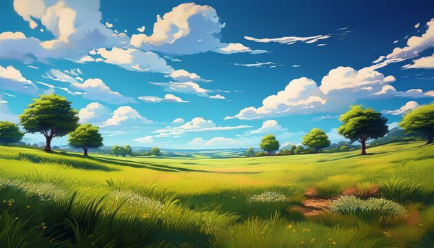 digital art selected for the a grassy field with a blue sky and white clouds a grassy area with a few trees