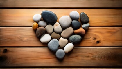 heart made of smooth river stones on a wooden background stones placed in a heart shape
