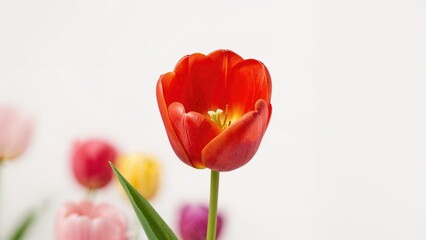 Close-up of a red tulip flower with blurred colorful tulips in the background.