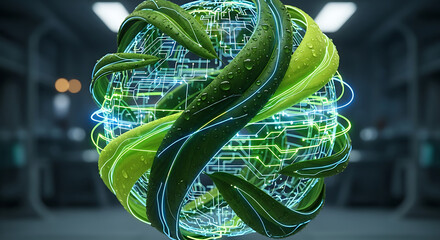 Digital nature concept showing technology intertwined with organic green leaves