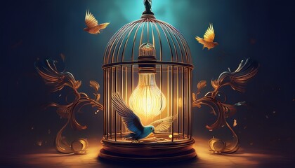 light in a bird cage a bird cage with a light bulb inside a glass vase with a bird on top of it
