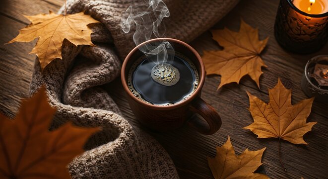 Warm autumn flat lay with steaming coffee mug, golden maple leaves, knit blanket, and candle on wood