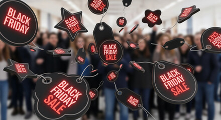 Floating tag with "Black Friday Sale" text and blurred crowd background, representing shopping event, promotion, and discount marketing campaign