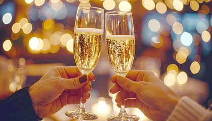 Two individuals are toasting with champagne flutes, festive. AI