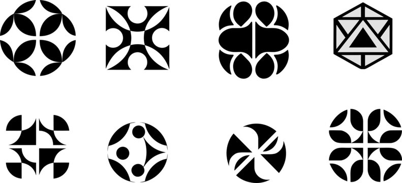 Geometric abstract set, monochrome ornament, modern decorative symbol collection. Black white logo, decorative element, simple pattern. Universal geometric abstract set.