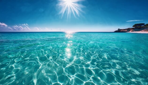 stunning clear water sparkles under sunlight creating a serene and peaceful atmosphere reflections dance gently over a turquoise surface inviting you to relax and explore