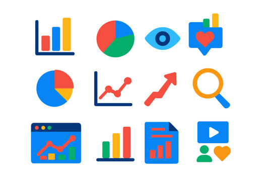 Flat Media Analytics Icons. Flat vector icons of Media Analytics: Graph, Chart, Viewer Count, Engagement Icon, Pie Chart, Line
