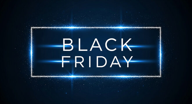 Rectangle frame with shining particles on dark blue background with text, representing commercial event with focus on shopping, promotion and special offer