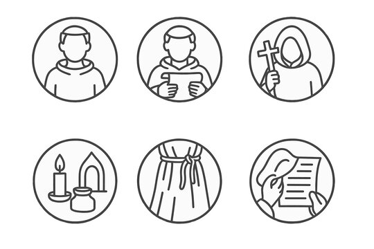 Medieval Monk Icons. Line style round icons of medieval monks: habit, tonsure, scroll, wooden cross; ink pot, candle, robe folds,