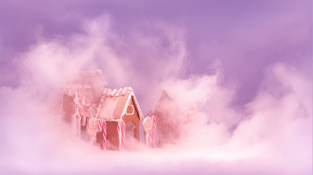 gingerbread house with virtual projections of sweets set against perfectly white canvas