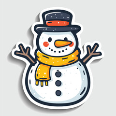 Cute Snowman Sticker. Cartoon Happy Winter Character with Hat and Scarf Vector Illustration.