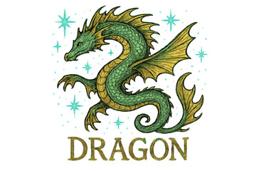 Obraz premium Sea Dragon Illustration. Hand-drawn sea dragon in green and gold with turquoise sparks, glowing stars, center word “Dragon”,