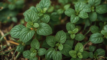 Small green plants with rounded, textured leaves growing close to the ground.