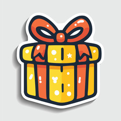 Cute Christmas Gift Box Sticker. Cartoon Holiday Present with Ribbon Vector Illustration.