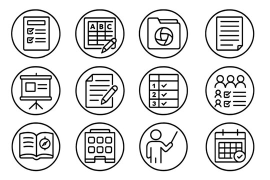 Teacher Resources Icons. Line style round icons of teacher resources: lesson plan, gradebook, curriculum file, classroom rules;