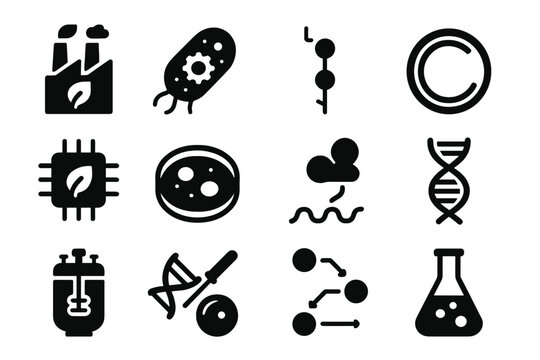 Synthetic Biology Icons. Solid style icons of synthetic biology: biofactory, engineered microbe, genetic circuit, plasmid,