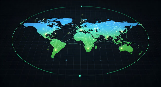 Isometric World Map Grid with Green and Blue Global Network Connections