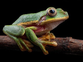 Obraz premium Green tree frog perched on branch in macro