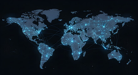World Map Network with Glowing City Lights. Global Internet Connection and Big Data