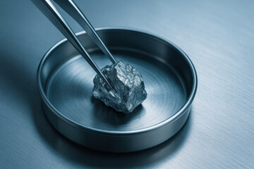 Rare earth elements scientific research nugget metal sample in stainless steel dish held with tweezers for laboratory analysis and materials study
