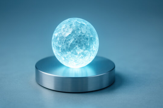 Glowing blue crystal sphere levitates above brushed metal base in minimalist scientific research setup evoking rare earth elements and modern laboratory curiosity