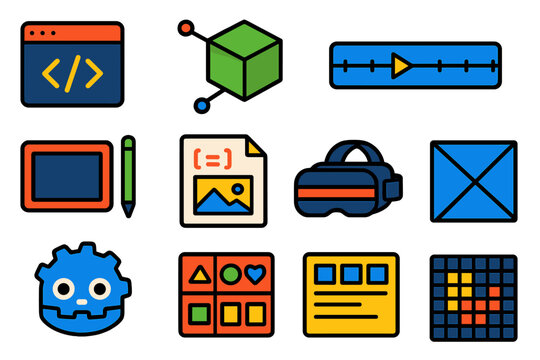 Game Development Icons. Flat vector icons of game development: code window, 3D model, animation timeline, graphics tablet, design