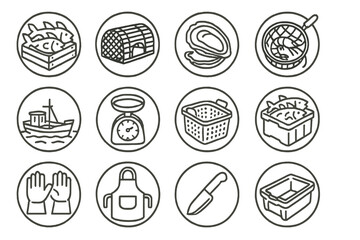 Seafood Harvest Icons. Line style round icons of seafood harvest: fish crate, lobster trap, oyster, shrimp net; boat deck, scale,