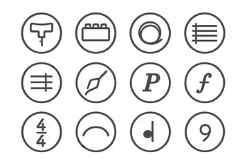 Period Music Tools Icons. Line style round icons of period music tools: tuning key, pitch pipe, string loop, notation line; bar