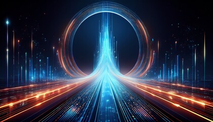 futuristic data stream flowing from portal dark background tech concept