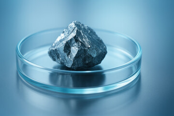 Rare earth elements rock in laboratory petri dish photographed for scientific research showing metallic texture mineral sample under cool lighting conveying precision and discovery