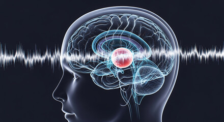 Human brain activity with a red highlighted area and brainwave visualization