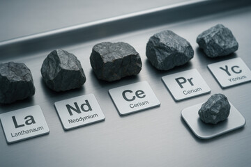 Rare earth elements presented as raw ore samples on metal tags creating scientific research concept image showing lanthanum neodymium cerium praseodymium yttrium for study