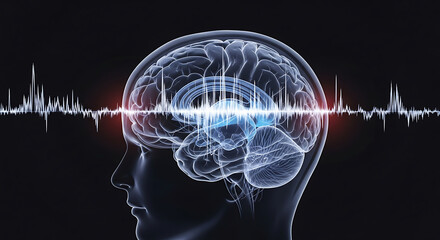 Brain activity shown with sound waves in transparent human head illustration