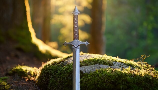 knights sword stuck in a moss stone in the forest and illuminated by sunlight