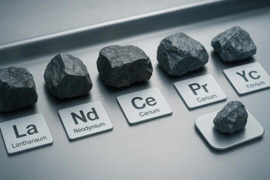 Rare earth elements presented as raw ore samples on metal tags creating scientific research concept image showing lanthanum neodymium cerium praseodymium yttrium for study