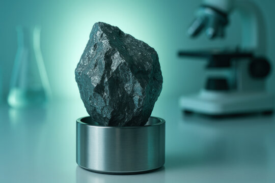 Rare earth elements scientific research rock sample displayed on metal pedestal in laboratory with microscope and flask showing material texture and analytical study
