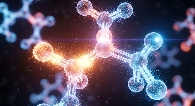 Molecular structure with glowing connections representing science and technology
