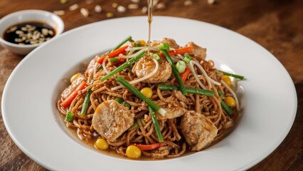 A plate of stir-fried noodles with chicken, vegetables, and sauce, served on a white dish with soy sauce or dressing in a small bowl beside it.