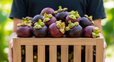 Fresh mangosteen in wooden crate