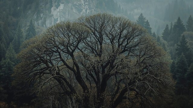 A large, leafless tree in a foggy forest setting with dense greenery and mountain in the background.