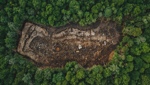 Aerial view of a forest area with clear signs of deforestation and soil disturbance surrounded by dense green trees