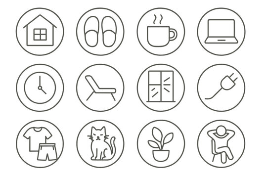 Remote Work Essentials. Line style round icons of remote balance: home office, slippers, coffee, laptop; clock zone, garden chair,