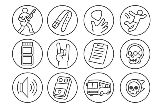Rock Music Icons. Line style round icons of rock music culture: guitar solo, leather strap, pick toss, stage dive; amp stack,