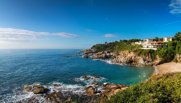 stunning coastal view of a rocky beach with beautiful homes perched on cliffs in a serene landscape where the ocean meets the lush greenery of the coastline