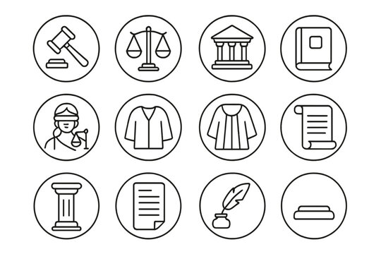 Courtroom Symbols Icons. Line style round icons of courtroom symbols: gavel, scales of justice, courthouse, law book; constitution