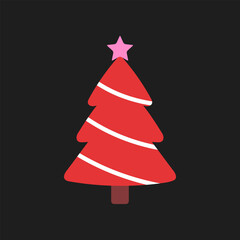 Vector illustration of red Christmas tree icon with pink star and white garland, isolated on black background. Trendy festive holiday object in flat style.