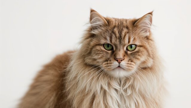 Close-up of a fluffy brown tabby cat with green eyes and a calm expression, showing its detailed fur and facial features.